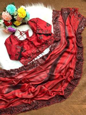 Red Color sequence embroidery work chiffon Saree 4