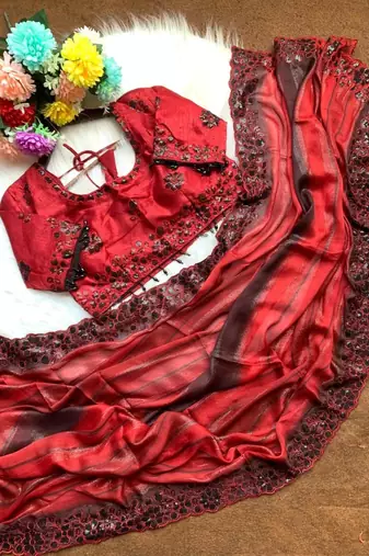 Red Color sequence embroidery work chiffon Saree