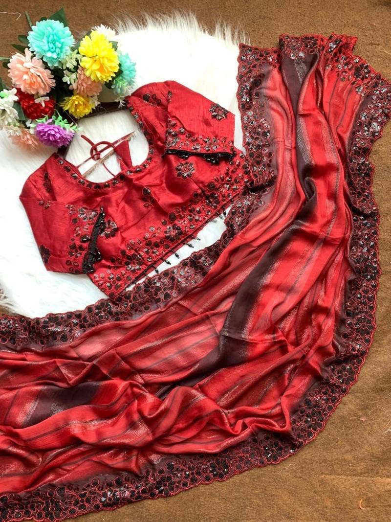 Red Color sequence embroidery work chiffon Saree