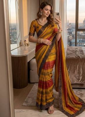 Yellow Color sequence embroidery work chiffon Saree 1