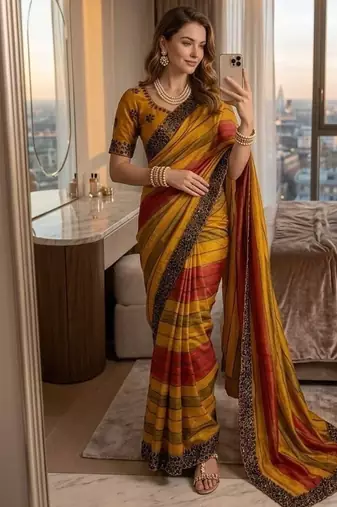 Yellow Color sequence embroidery work chiffon Saree