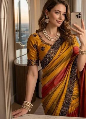 Yellow Color sequence embroidery work chiffon Saree 2