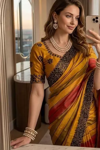 Yellow Color sequence embroidery work chiffon Saree