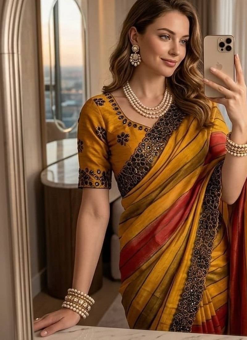 Yellow Color sequence embroidery work chiffon Saree
