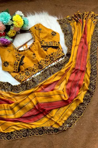 Yellow Color sequence embroidery work chiffon Saree