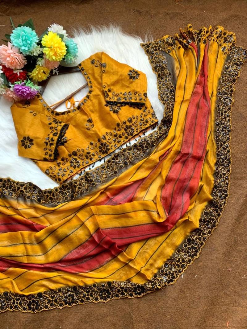 Yellow Color sequence embroidery work chiffon Saree