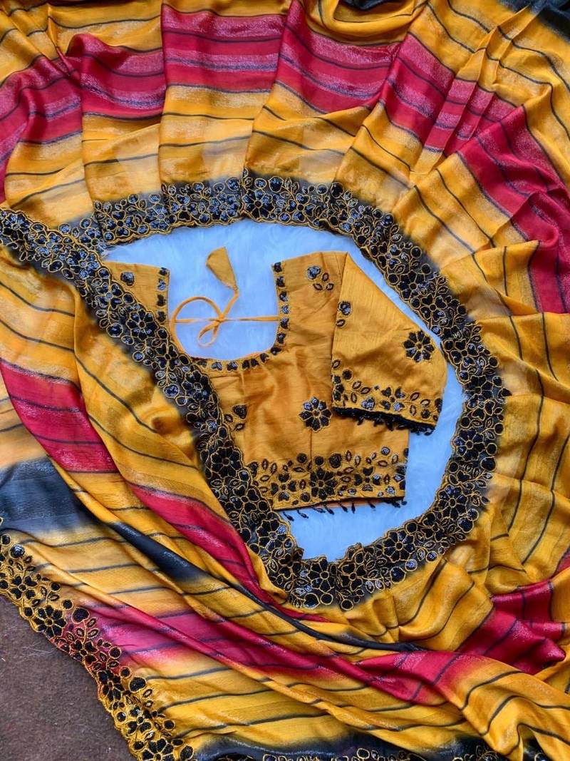 Yellow Color sequence embroidery work chiffon Saree