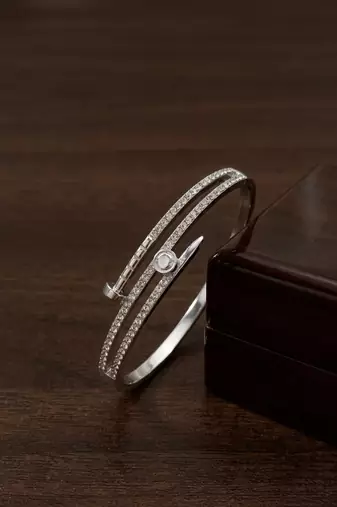 Silver plated anti tarnish cz nail design bracelet
