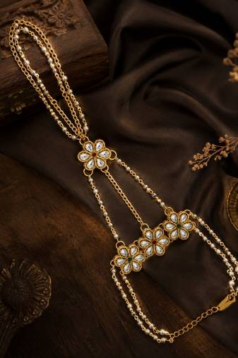 Gold plated kundan floral hathphool ring bracelet