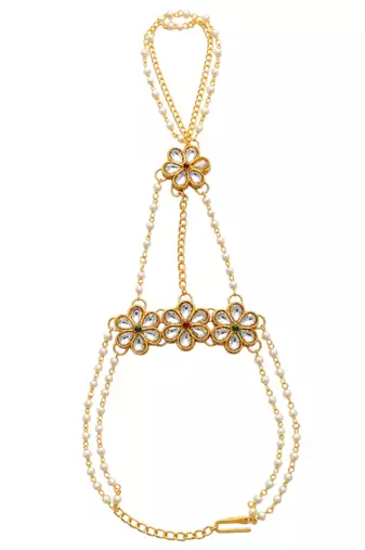 Gold plated kundan floral hathphool ring bracelet
