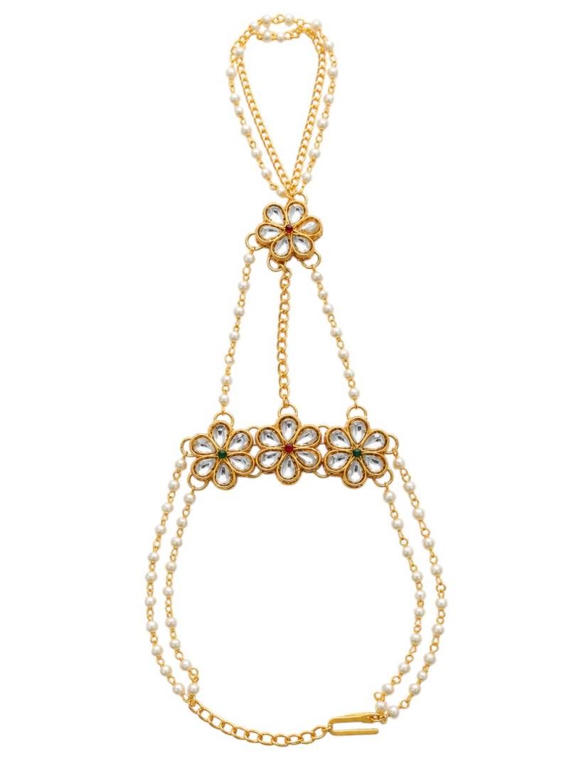Gold plated kundan floral hathphool ring bracelet