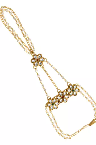 Gold plated kundan floral hathphool ring bracelet