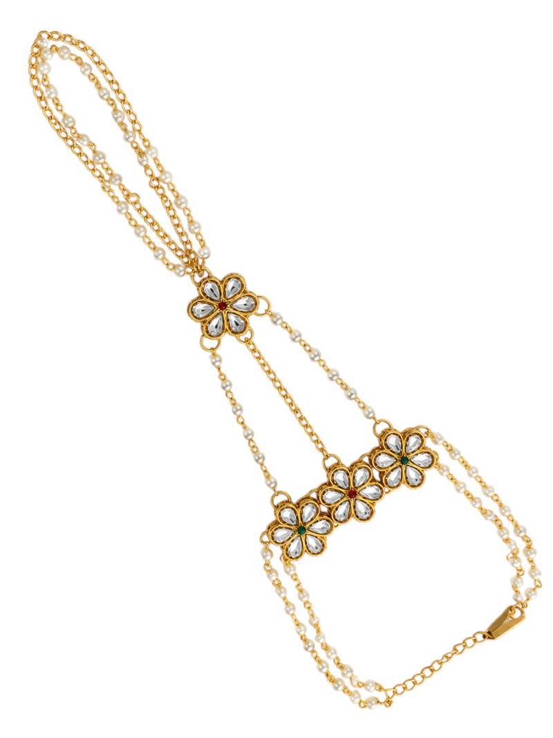 Gold plated kundan floral hathphool ring bracelet