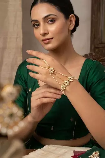 Gold plated kundan floral hathphool ring bracelet
