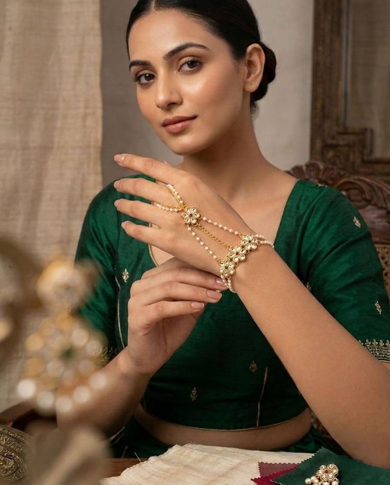Gold plated kundan floral hathphool ring bracelet