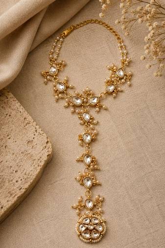 Gold plated kundan hathphool ring bracelet