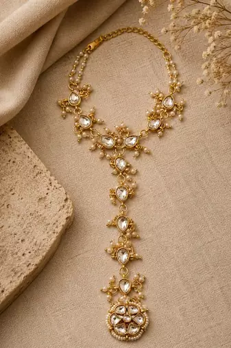 Gold plated kundan hathphool ring bracelet
