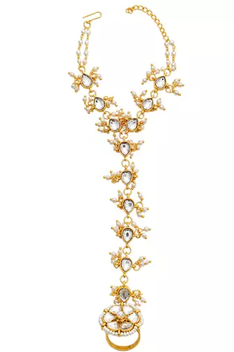 Gold plated kundan hathphool ring bracelet