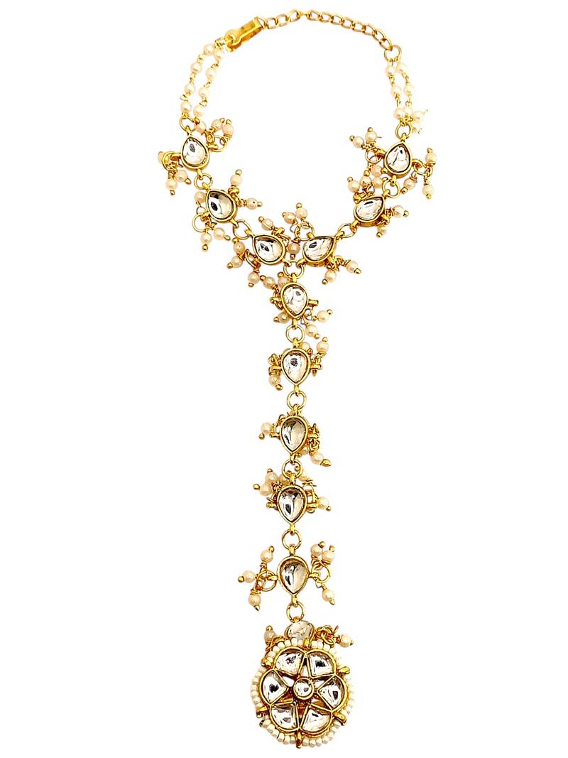 Gold plated kundan hathphool ring bracelet