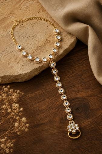 Gold plated kundan hathphool ring bracelet
