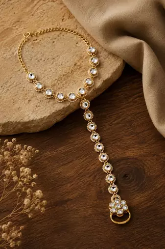 Gold plated kundan hathphool ring bracelet