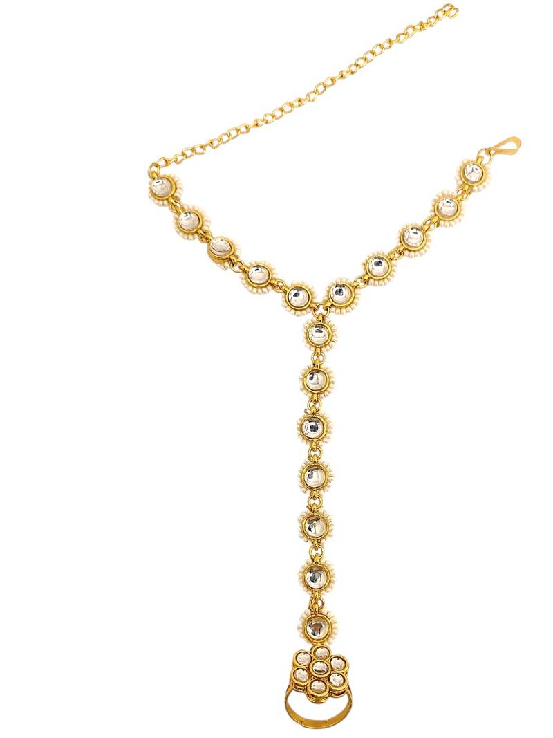 Gold plated kundan hathphool ring bracelet