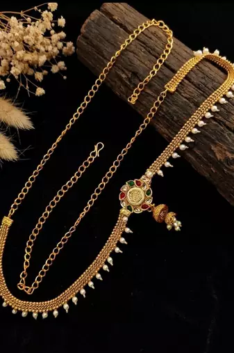 Gold plated kundan beads waist chain kamarbandh