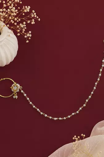 Gold plated beaded pressing nose ring with chain