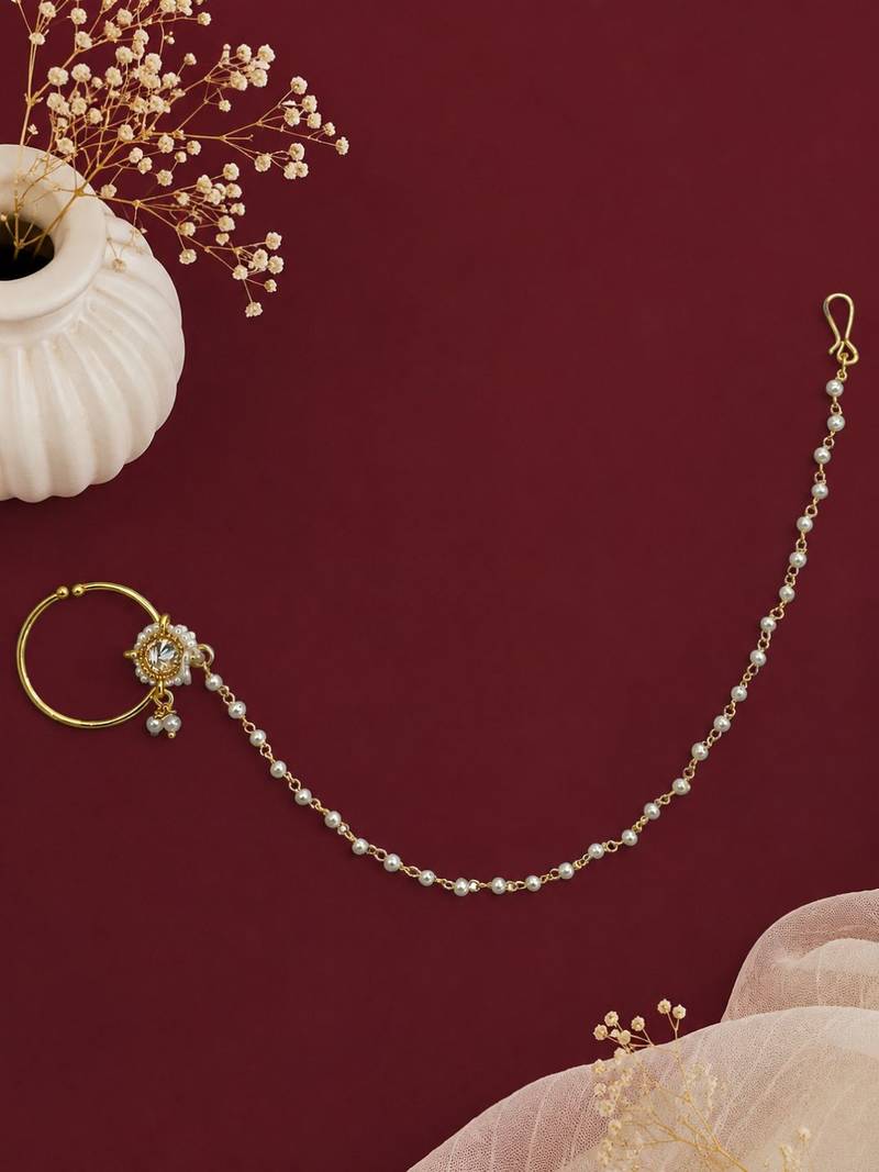 Gold plated beaded pressing nose ring with chain