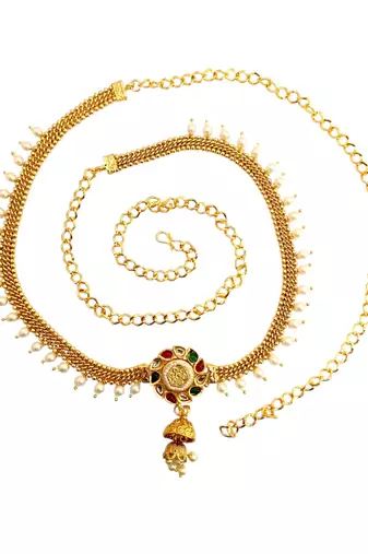 Gold plated kundan beads waist chain kamarbandh