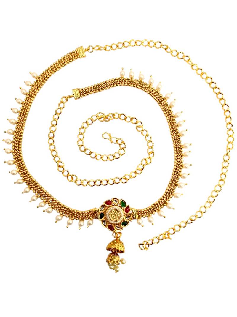Gold plated kundan beads waist chain kamarbandh