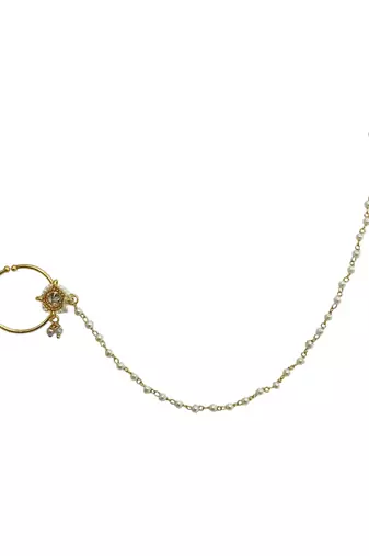 Gold plated beaded pressing nose ring with chain