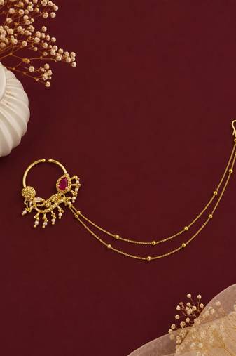Gold plated american diamond nose ring with chain