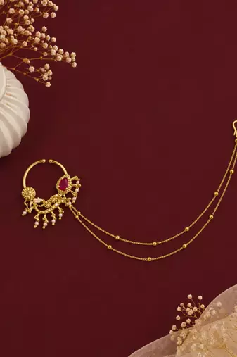 Gold plated american diamond nose ring with chain