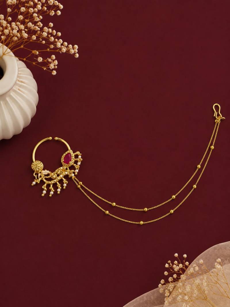 Gold plated american diamond nose ring with chain