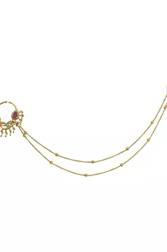 Gold plated american diamond nose ring with chain