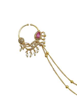 Gold plated american diamond nose ring with chain 3