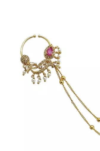 Gold plated american diamond nose ring with chain