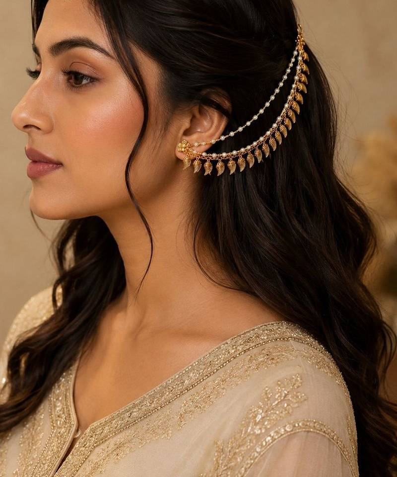 Gold plated paisley motif layered ear chain