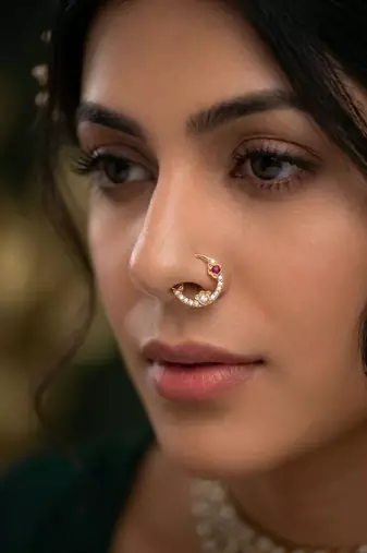 Gold plated american diamond pressing nose ring nath