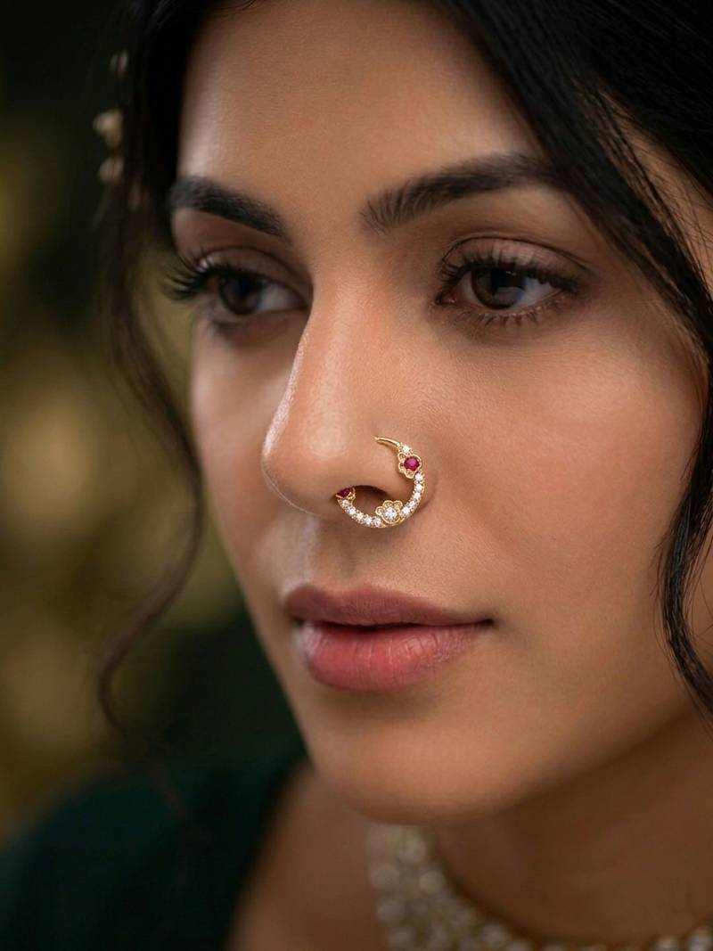 Gold plated american diamond pressing nose ring nath