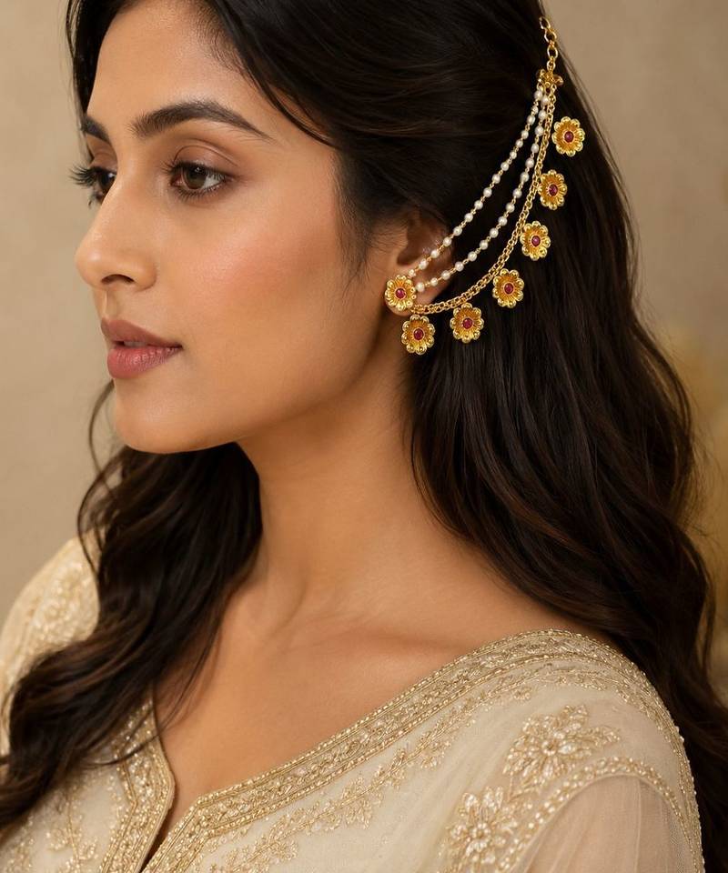 Gold plated floral layered ear chain