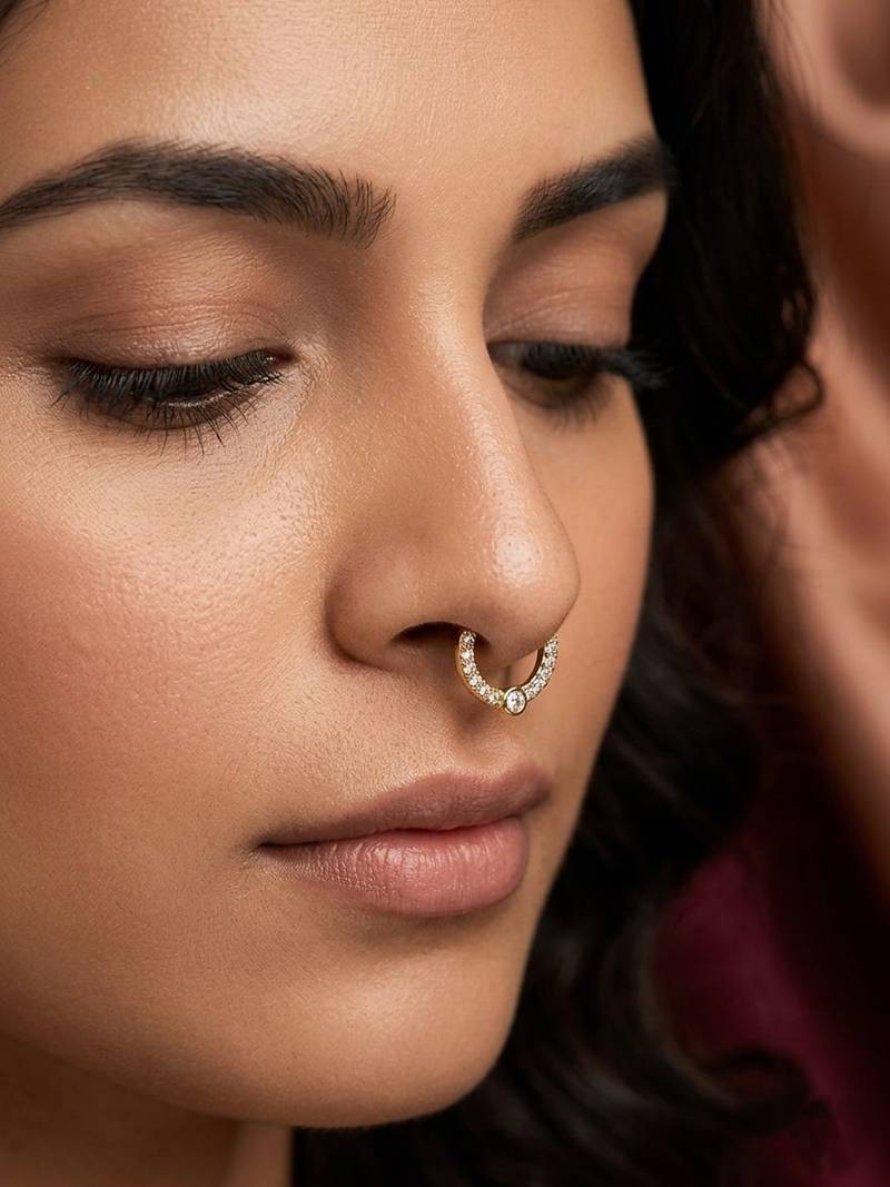 Gold plated american diamond septum pressing  nath nose ring