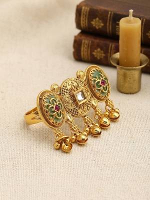 Gold plated kundan heritage meenakari adjustable finger ring 1