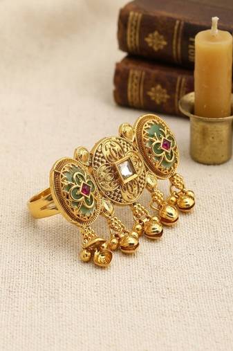 Gold plated kundan heritage meenakari adjustable finger ring