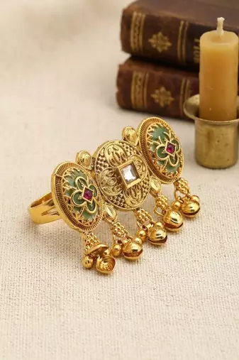 Gold plated kundan heritage meenakari adjustable finger ring