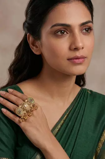 Gold plated kundan heritage meenakari adjustable finger ring