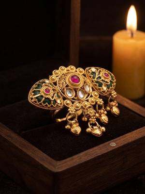 Gold plated kundan heritage meenakari adjustable finger ring 1