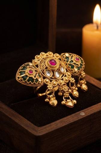 Gold plated kundan heritage meenakari adjustable finger ring