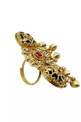 Gold plated kundan heritage meenakari adjustable finger ring